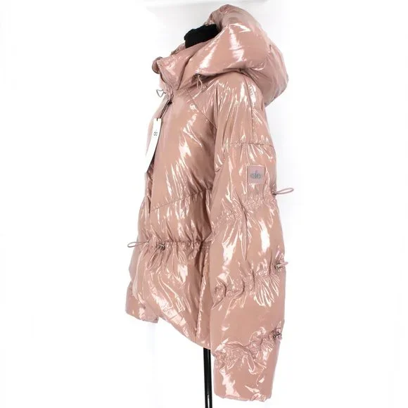 ALO Yoga Stunner Puffer Jacket High Gloss Dusty Pink Coat Hooded L NEW - Picture 6 of 10